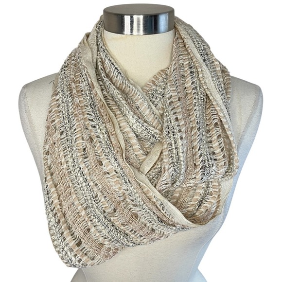 BOHO Infinity Scarf in Beige and‎ Peach with Metallic Gold Accents - Picture 1 of 6